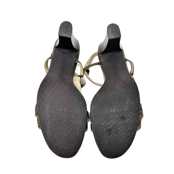 Talbots T-Strap Sandals Wood + Brass Beaded 3" Heels Olive Green sz 8.5 B - Picture 14 of 16